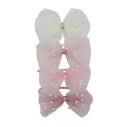 Tulle bows with pearl accents in white and shades of pink
