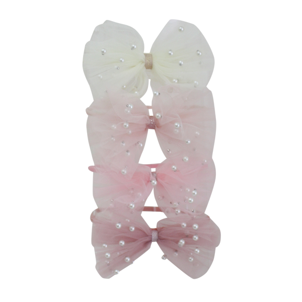 Tulle bows with pearl accents in white and shades of pink