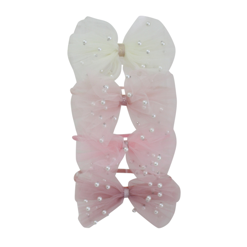 Tulle bows with pearl accents in white and shades of pink