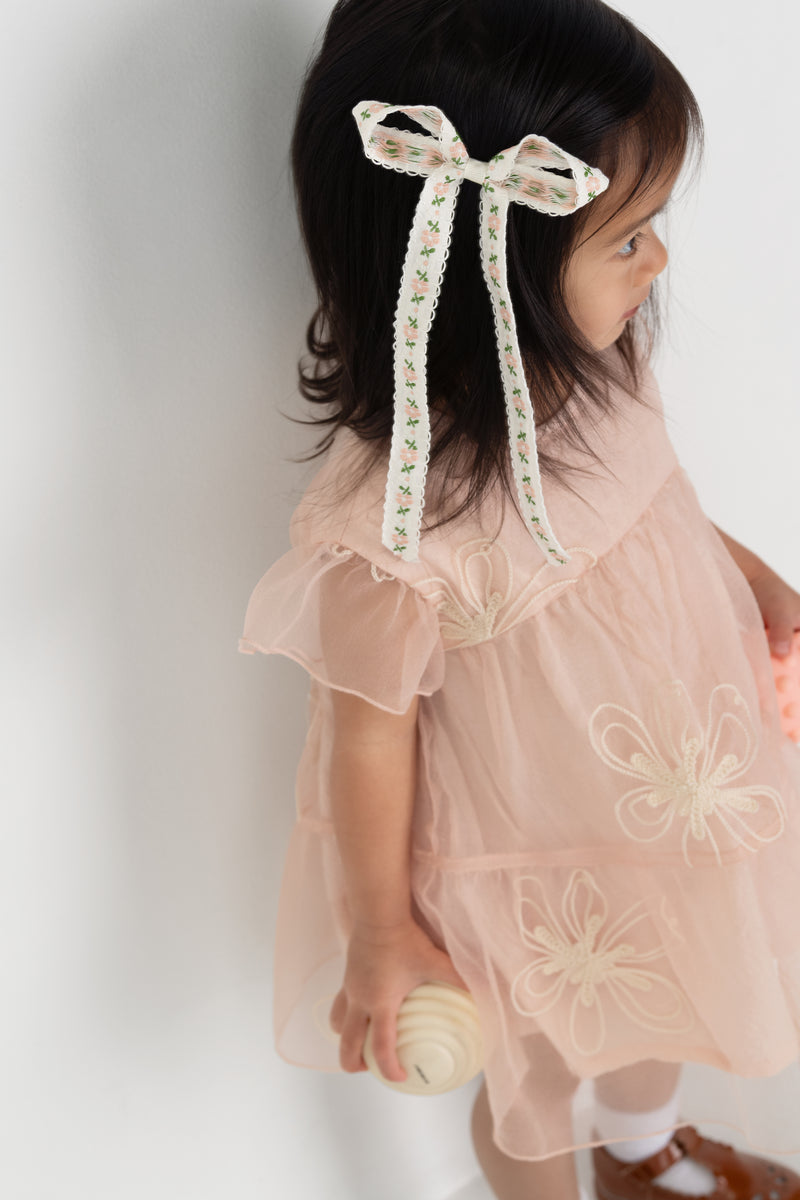 Dainty Floral Embroidered Long Tail Bow