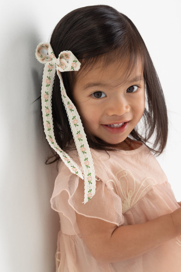 Dainty Floral Embroidered Long Tail Bow