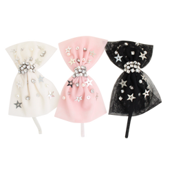 Tulle hair bows with rhinestones and star sequins in white, pink, and black