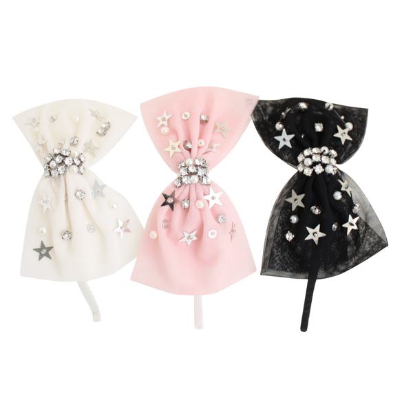 Tulle hair bows with rhinestones and star sequins in white, pink, and black