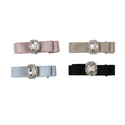Satin hair clips with rhinestone jewel centers in pink, beige, blue, and black