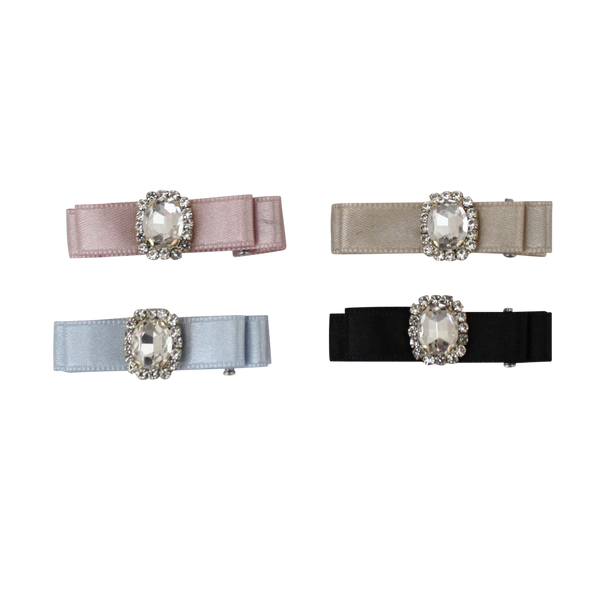 Satin hair clips with rhinestone jewel centers in pink, beige, blue, and black