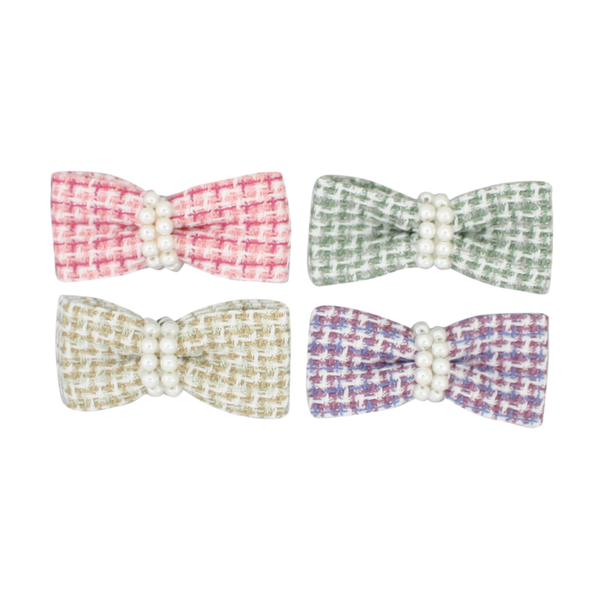 Tweed Pearl Bow Clips