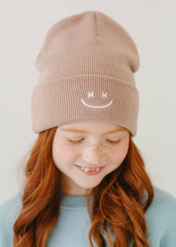 Youth Knit Smiley Cuff Beanie - Taupe